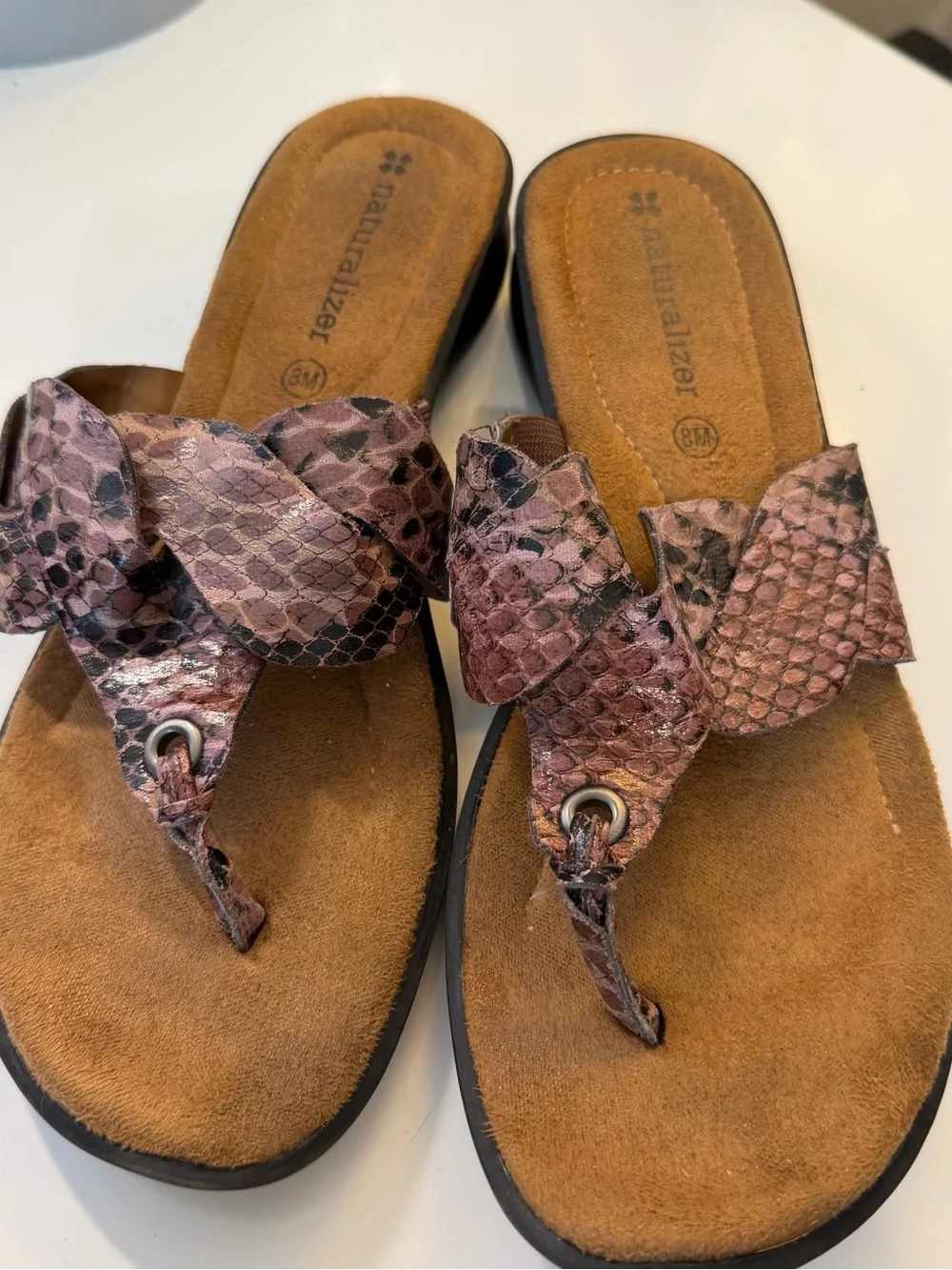 Naturalizer Braided Snake-Print Thong Sandals in Pink and Brown